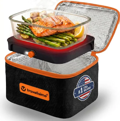 Vista 10 de TRAVELISIMO Microondas portátil, calentador de alimentos portátil para uso en el trabajo y el hogar, caja de almuerzo con calefacción 12V/24V/110V