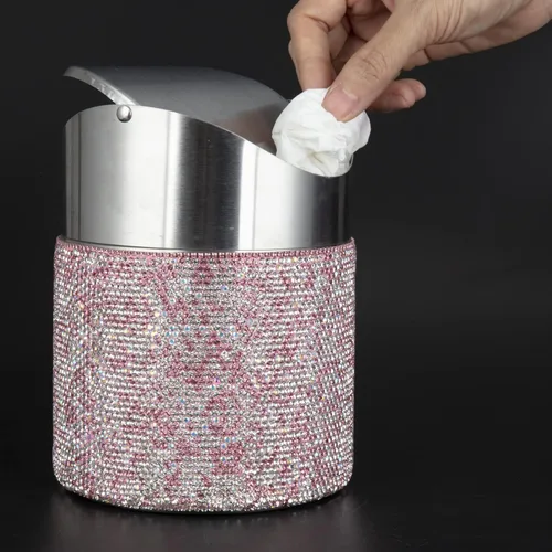 Vista 3 de KEYPOWER Mini basurero con diamantes de imitación con tapa abatible de acero inoxidable, adecuado para encimera, automóvil, mesa (rosa)