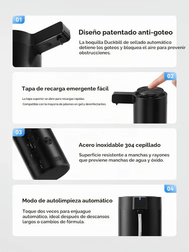 Vista 7 de SUNLY Dispensador de jabón automático sin contacto – Bomba sin obstrucciones, sensor rápido de 0.2 s, recargable USB-C, acero inoxidable resistente