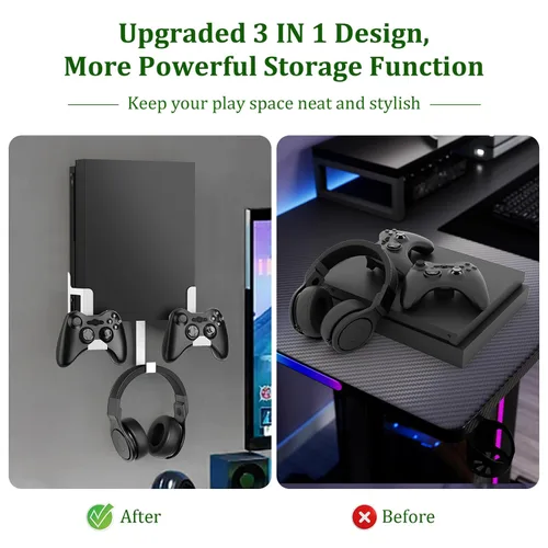 Vista 11 de Wall Mount Kit with Detachable 2 Controller Holder & Headphone Hanger, Metal Wall Mount Holder Compatible with Xbox One X, Black
