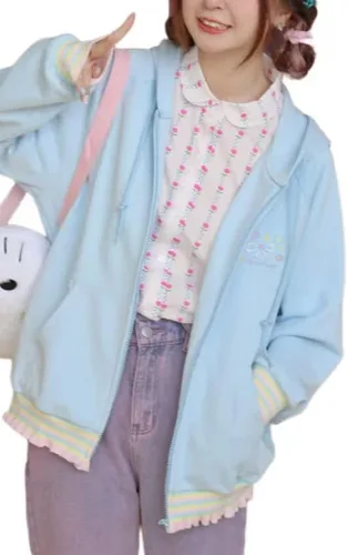 Vista 3 de Sudadera con capucha para mujer, con bordado de corazón japonés, dobladillo de encaje de caramelo, holgada, con cremallera kawaii, sudadera