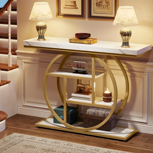 Vista 5 de Tribesigns Mesa de Consola de 41.3 pulgadas, Mesa Industrial de 4 Niveles para Sofá de Entrada con Base Circular, Mesas Decorativas de Madera Oro