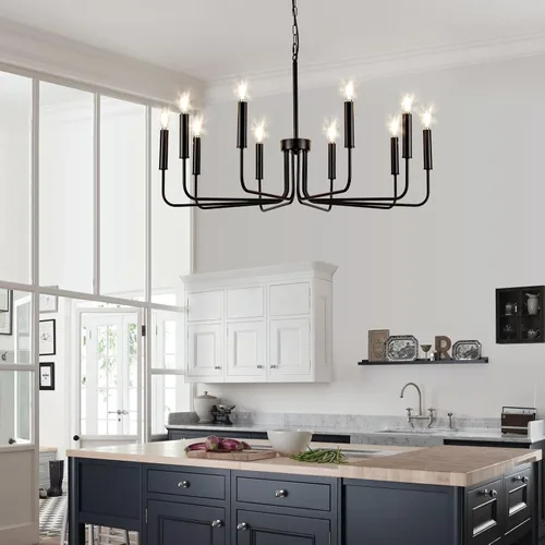 Vista 30 de Lámpara colgante estilo granja, luces colgantes negras para isla de cocina, luz colgante de metal industrial y madera vintage, lámpara de techo
