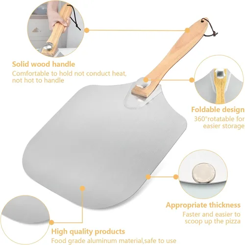 Vista 3 de Luvan Pala de pizza de metal de aluminio con mango de madera plegable, cáscara de pizza de aluminio de 12 x 14 pulgadas, paleta de pizza plegable