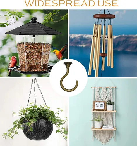 Vista 5 de Ganchos de techo para plantas colgantes (2 juegos, latón antiguo) Zinc alloy with iron core; 30 lb on wood, 25 lb on drywall; screws, bolts and