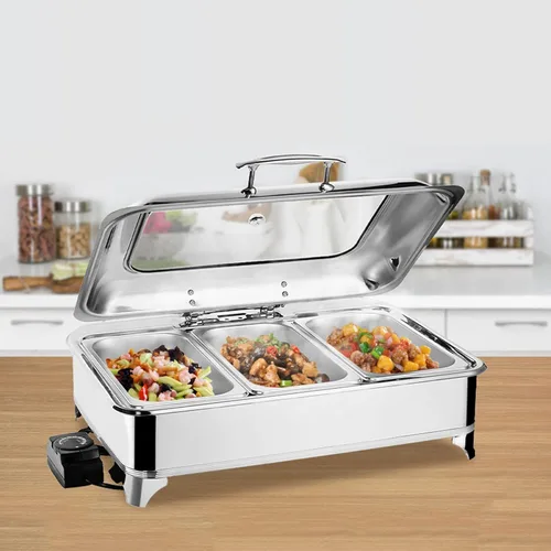 Vista 9 de Calentador de alimentos de 9 litros, juego de bufé rectangular con tapa visible de vidrio y control de temperatura, servidores de buffet