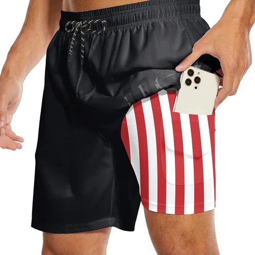Vista 6 de AUISS Traje de baño para hombre, diseño de calavera con bandera estadounidense, pantalones cortos de natación con bandera de Estados Unidos