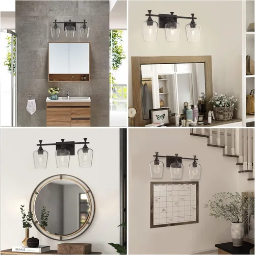 Vista 6 de Lámpara de tocador de baño de 3 luces, accesorios de iluminación de baño negros sobre el espejo, apliques de pared modernos con pantalla de vidrio