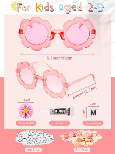Vista 21 de Dunzy 10 pares de lentes de sol redondos de flores para niños, gafas de bricolaje para exteriores, con 50 margaritas, 100 cuentas de letras al azar