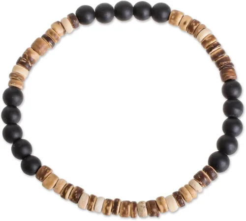 Vista 2 de NOVICA Pulsera de cuentas de concha de coco ónix de 7.5 pulgadas, fuerza de tierra