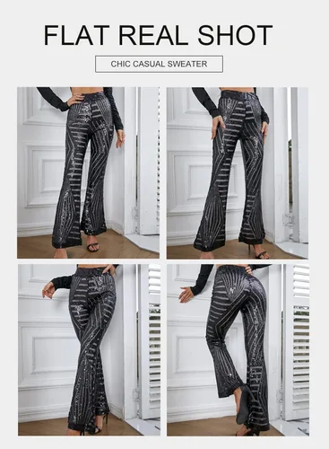 Vista 4 de BLENCOT Pantalones acampanados para mujer de cintura alta pierna ancha pantalones de palazzo con lentejuelas brillantes