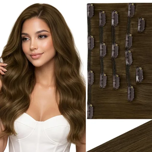 Vista 14 de Ve Sunny Extensiones de cabello clip-in de cabello humano real con reflejos, extensiones de cabello con clip para cabello corto, marrón oscuro