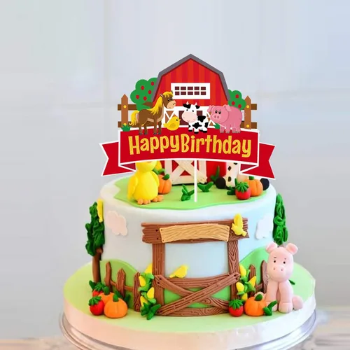 Vista 5 de Decoración para tartas de cumpleaños con temática de granja de granero, granero, animales de granja, decoración de fiesta de cumpleaños