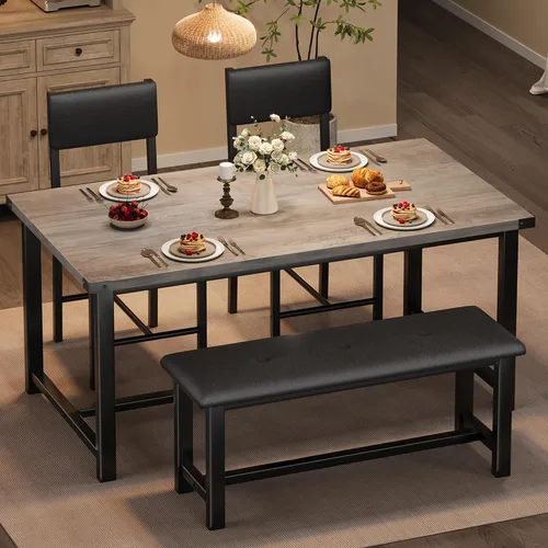 Vista 7 de Juego de mesa de comedor de madera Garvee para 4, mesa de cocina y 2 sillas tapizadas con banco, juego de comedor rectangular, para espacios Mármol