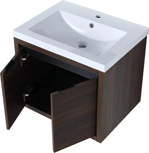 Vista 8 de Juego de tocador de baño de 24 pulgadas con lavabo de gel montado en la pared, diseño moderno, gabinete de montaje de flotador, tocador de baño