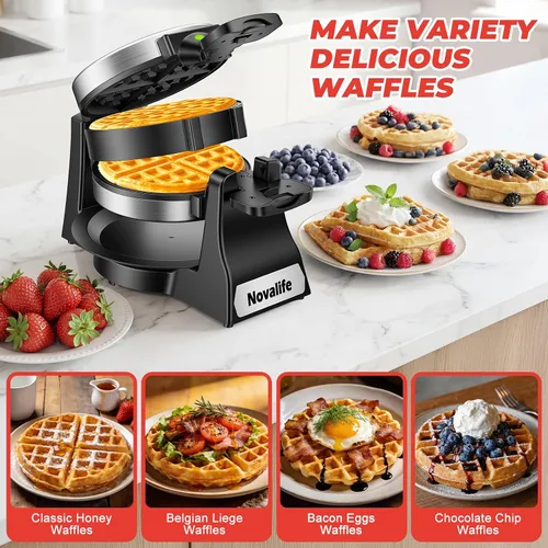 Vista 7 de Waffle Maker, 1400W Belgian Waffle Maker, Double Waffle Iron 180° Flip, 8 Slices, Rotating & Nonstick Plates, Removable Drip Tray Easy to Clean