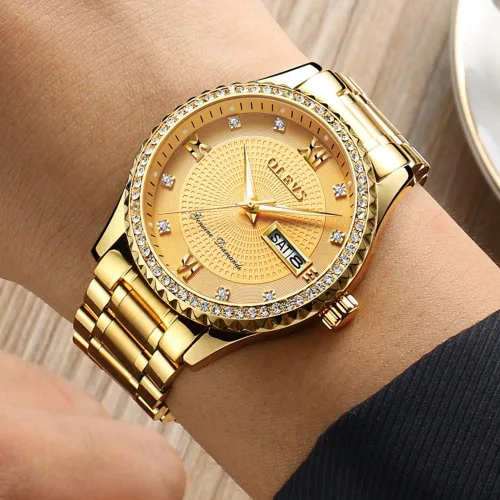 Vista 2 de OLEVS - Relojes de diamantes para hombres, relojes de vestir a prueba de agua, relojes analógicos de cuarzo de lujo con calendario de fecha y correa