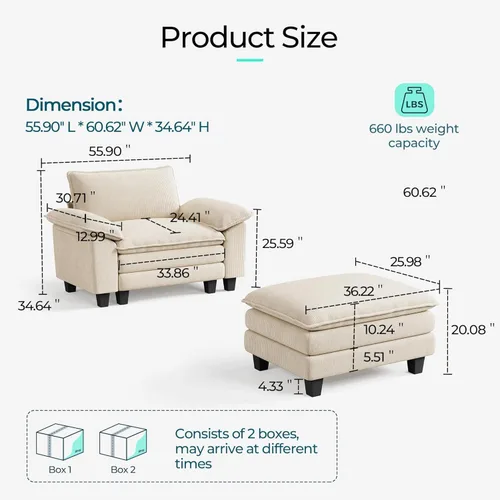 Vista 2 de LINSY HOME Cloud Sofa - Silla decorativa con tumbona otomana para interiores, sofá de pana perfecta para sala de estar, apartamento, oficina, beige