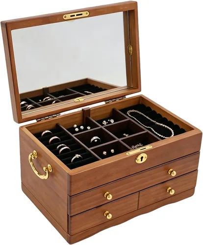 Vista 15 de Wooden Jewelry Box for Women 3-Tier Jewelry Organizer Box Dark Brown