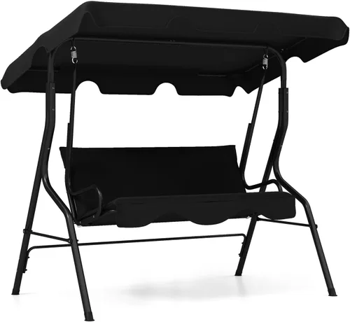 Vista 13 de RELAX4LIFE Silla columpio para porche para 3 personas, columpio para exteriores con toldo ajustable, cojín extraíble y soporte de marco de metal