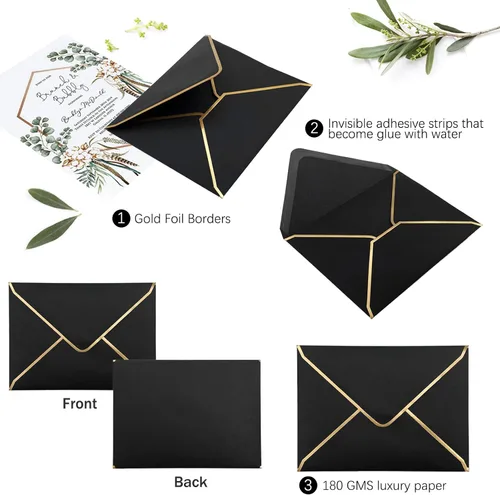 Vista 3 de 50 sobres de invitación de lujo, sobres negros de 5 x 7 pulgadas para boda, graduación