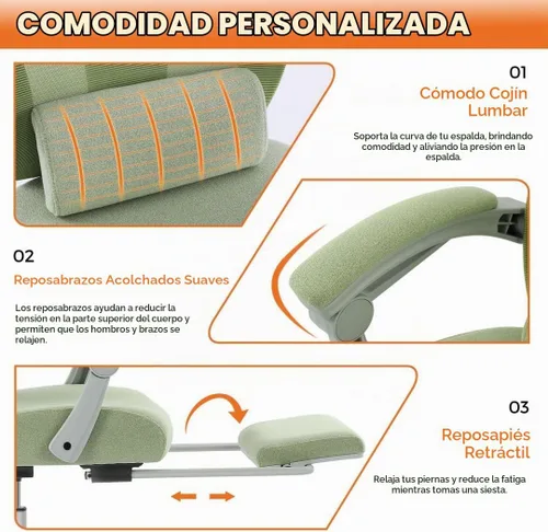 Vista 5 de Silla ergonómica de escritorio para computadora de oficina con almohada lumbar y reposapiés retráctil, sillones giratorios de malla con respaldo