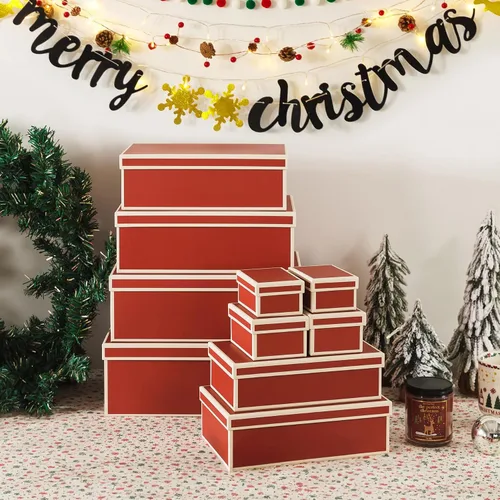 Vista 2 de Soul & Lane Cajas de Navidad con tapas, juego de 10, cajas de regalo rojas festivas para regalos, almacenamiento decorativo de cartón