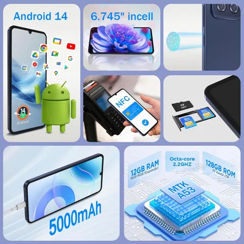 Vista 3 de CWOWDEFU Teléfono celular Android desbloqueado, teléfono inteligente de 6.8 pulgadas, 12 (6+6) GB de RAM con 128 GB de ROM, Dual SIM 4G, Octa-Core