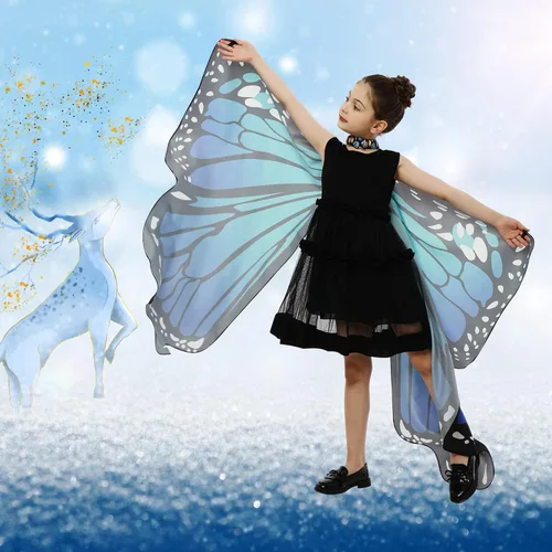 Vista 3 de Tibeha Halloween Butterfly Costume for Girls - Double-Sided Printing Wings Kids Cape with Mask, Antenna Headband, Hair Clips