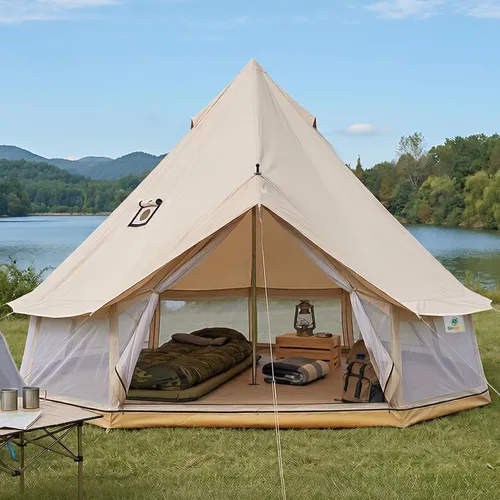 Vista 2 de Tienda de campaña Bell Yurt con gato de estufa, tienda de campaña de lujo impermeable para 4 estaciones, tela Oxford 420D, tiendas de campaña verde