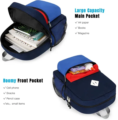 Vista 6 de STEAMEDBUN Mochila infantil para niños, Azul oscuro y rojo, Colorido