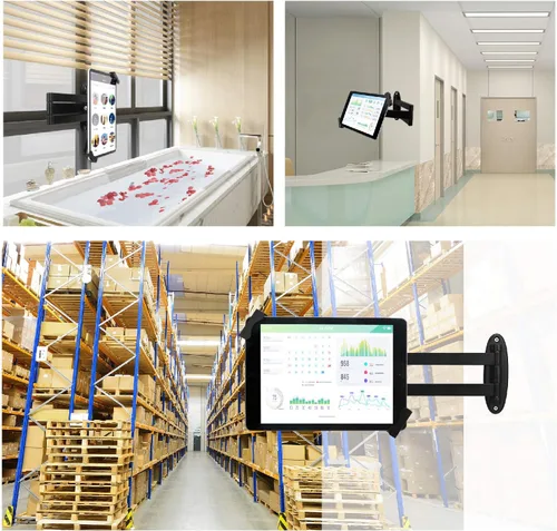Vista 8 de Soporte de pared para tableta, brazo giratorio ajustable, cerradura de seguridad antirrobo y llave, plegable, rotación 360°, negro