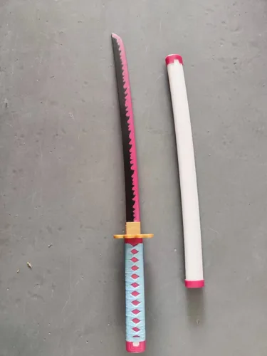 Vista 9 de Espadas Katana de anime de madera para cosplay, espada Samurai Kanroji Mitsuri, espada Demon Slayer, cuchillo rueda solar blanca de 30 pulgadas