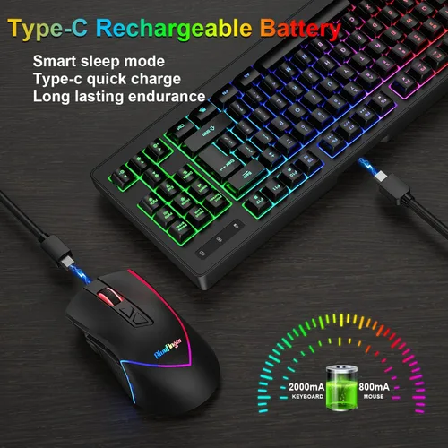Vista 3 de BlueFinger Combo de teclado y mouse inalámbricos, batería recargable de larga duración, 87 teclas RGB con retroiluminación arco iris y mouse