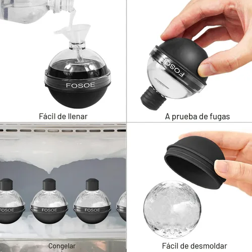 Vista 3 de Moldes de bola de hielo de silicona para whisky - Juego de 4 moldes redondos con tapas para cócteles, bourbon y bebidas