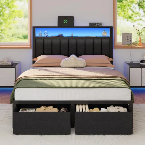 Vista 11 de Furnulem Bases de Cama Individual con Estación de Carga y Luces LED, Cabecero Tapizado Gris con Estantes, Cama de Plataforma de Metal con 2
