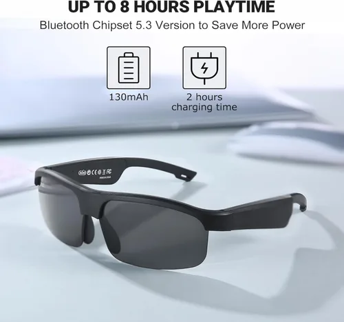 Vista 3 de Lentes inteligentes, lentes de sol polarizados Bluetooth con micrófono y altavoces integrados, oreja abierta, asistente de voz, protección UV