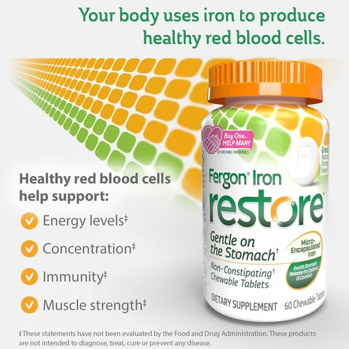 Vista 3 de Fergon Iron Restore - Tabletas masticables suaves para el estómago, sin estreñimiento, hierro de 27 mg para apoyo energético, 60 tabletas