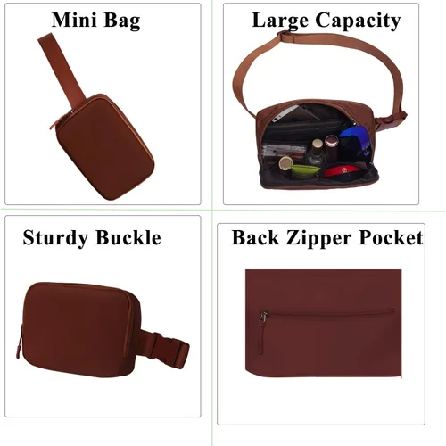 Vista 4 de Mini riñonera con correa ajustable, unisex, pequeña bolsa cruzada para viajes, entrenamiento, correr, senderismo, Marrón, Moda