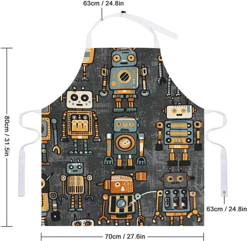 Vista 2 de MUSM Apron for Adults - 27.6 X 31.5 Inch, Heavy-Duty Polyester Aprons with Two Large Pockets, Waterproof Retro Style Robot Kitchen Apron for