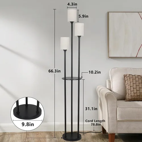 Vista 7 de Lámpara de pie con estantes, lámparas de pie modernas para sala de estar, lámpara de pie de 3 luces con pantalla de lino e interruptor de pie