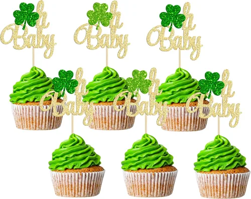Vista 9 de Gyufise 1 decoración para pastel del día de San Patricio, trébol verde con purpurina de cuatro hojas, decoración de pastel de cumpleaños, decoración