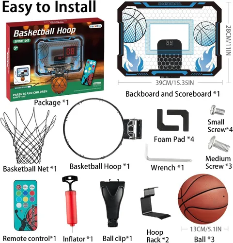 Vista 7 de VROGTIK Aro de baloncesto interior para niños con luces LED, mini aro de baloncesto con control remoto sobre la puerta, aros de baloncesto