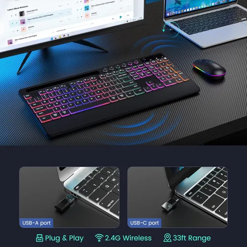 Vista 6 de Combo de teclado y mouse inalámbricos, mouse y teclado con retroiluminación RGB de doble sistema, recargable 2.4G, diseño ergonómico silencioso
