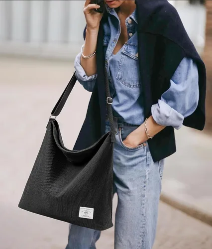 Vista 7 de KALIDI Bolso de mano de pana para mujer, estilo casual, con cremallera, grande, bandolera, bolso de hombro, bolso de trabajo a la moda para mujer