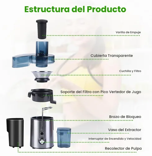 Vista 9 de Moclever - Máquina exprimidora centrífuga de 1000W para frutas y verduras - Extractor de jugo con control de 2 velocidades, tolva de alimentación