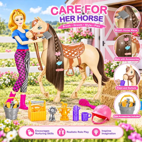 Vista 6 de 60 piezas de caballo de muñeca con muñeca, ropa y accesorios para regalos