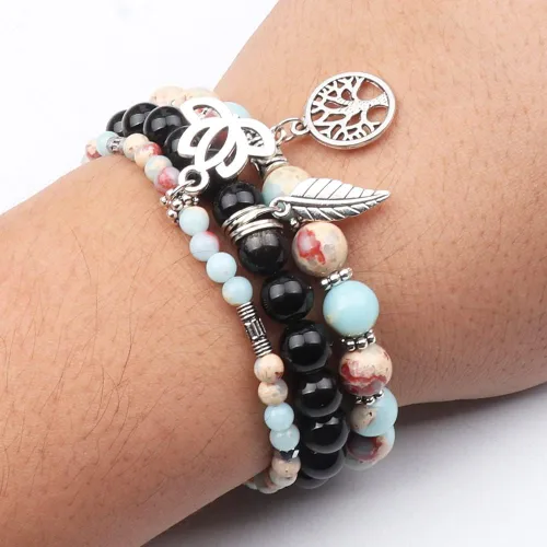 Vista 5 de UEUC - Pulseras Reiki, apilables, de piedras curativas, cristales, con dije del árbol de la vida, yoga y hoja de loto, contra la ansiedad