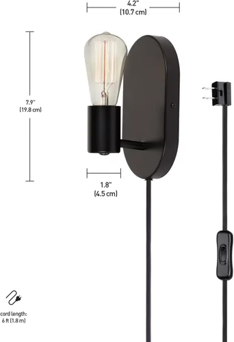 Vista 7 de GLOBE Electric x Novogratz 51488 - Lámpara de pared de 1 luz enchufable o cableada, negro mate, cable de tela de 5.9 pies, interruptor basculante