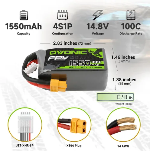Vista 2 de OVONIC Batería Lipo 4s 100C 1550mAh 14.8V con Conector XT60 para RC FPV Racing Drone Quadcopter